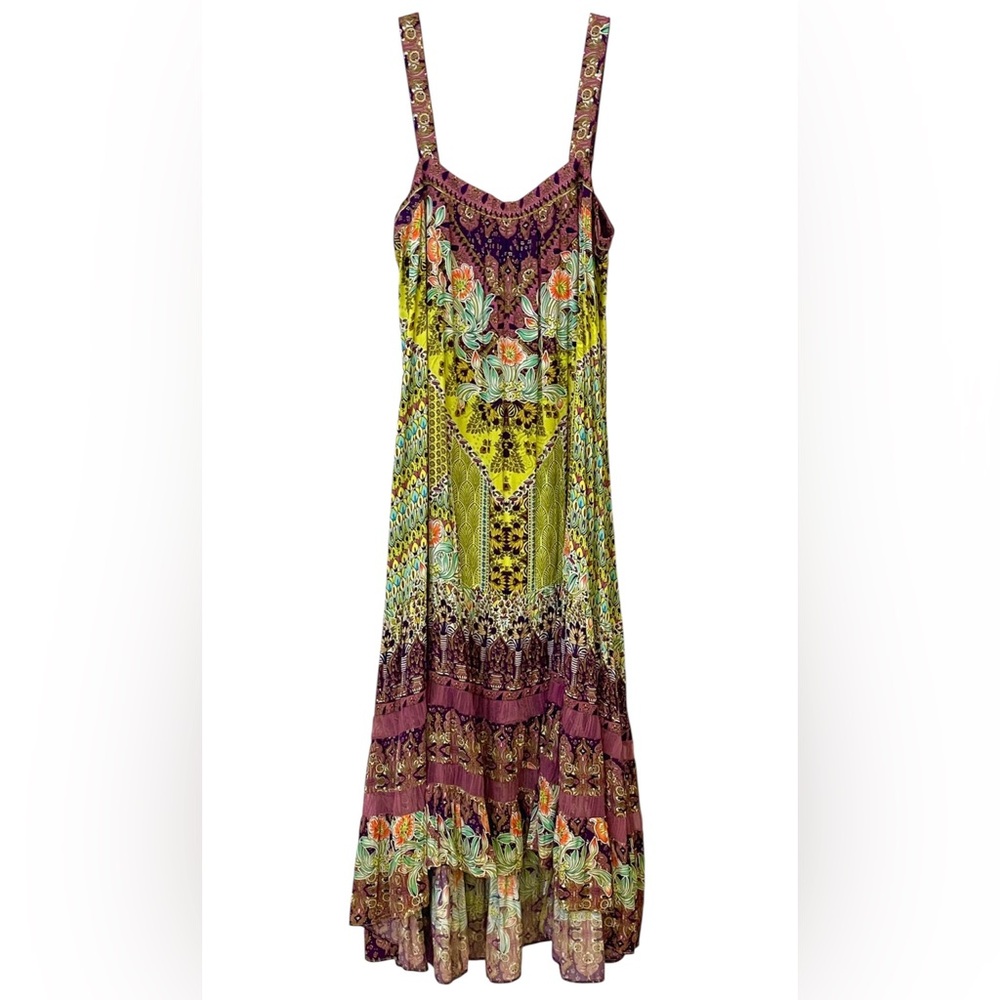 Gorgeous Anthropologie Purple & Green Floral Mixed Print Tiered Maxi Dress - Picture 4 of 9